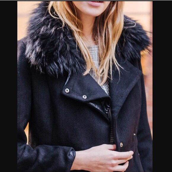 NWT Genuine Raccoon Fur Collar Wool Black Coat Raccoon Fur Removable - Picture 9 of 12